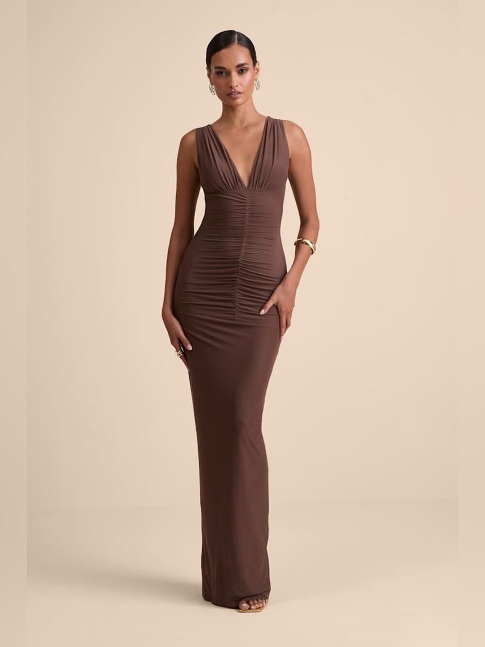 Lulus Aveline Brown Jersey Knit Ruched Bodycon Maxi Dress NWT Size S